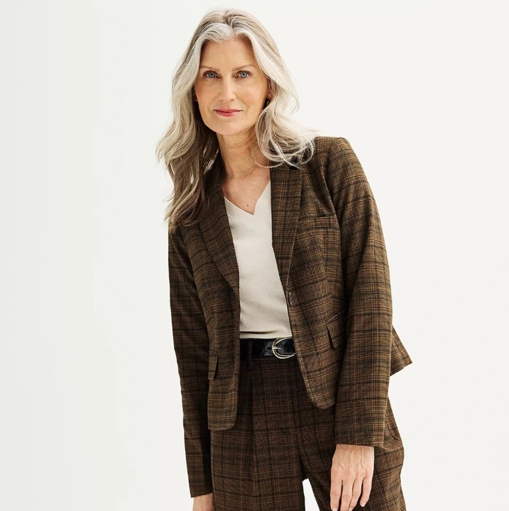 NWT Croft & Barrow Women's Blazer Jacket Size XXL Brown Plaid Career Workwear
